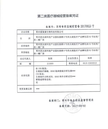 IFCAN Class II medical device business filing certificate